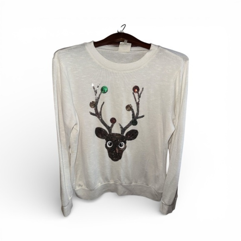 White Reindeer Sequin Shimmer Christmas Glam Long Sleeve Sweater Size Large Used